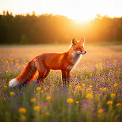 Wan 2.6 T2I — A fox in a field of wildflowers, backlit by sunset
