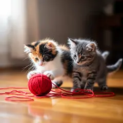 Wan 2.6 T2I — Two kittens playing with a ball of red yarn on a h