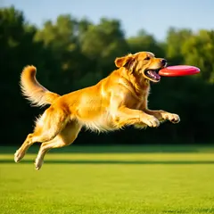 Wan 2.6 T2I — A golden retriever catching a frisbee in mid-air a