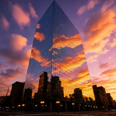 Wan 2.6 T2I — A modern glass skyscraper reflecting clouds at sun