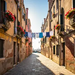 Wan 2.6 T2I — A narrow cobblestone alley in Venice with colorful