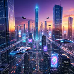 Wan 2.6 T2I — A futuristic city skyline with flying vehicles, sl