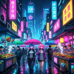 Wan 2.6 T2I — A cyberpunk street market in Tokyo, anime style, n