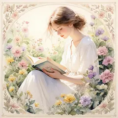 Wan 2.6 T2I — A woman reading a book in a garden, watercolor pai