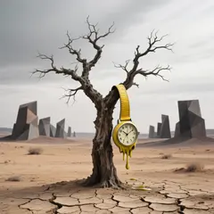 Wan 2.6 T2I — A surreal melting clock draped over a barren tree 