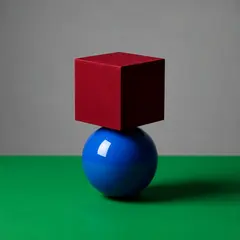 Wan 2.6 T2I — A red cube on top of a blue sphere, both sitting o