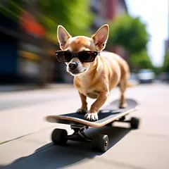 Wan 2.6 T2I — A dog wearing sunglasses riding a skateboard down 
