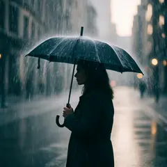 Wan 2.6 T2I — A woman holding an umbrella in the rain, reflected