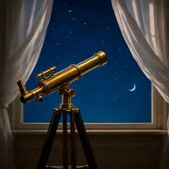 Wan 2.6 T2I — A telescope pointing at the moon through an open w
