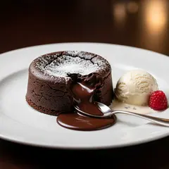Wan 2.6 T2I — A dripping chocolate lava cake cut open on a white