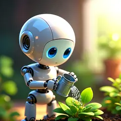Wan 2.6 T2I — A 3D render of a cute robot watering plants in a m