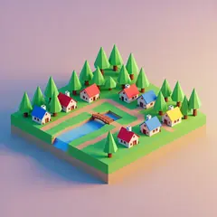 Wan 2.6 T2I — An isometric low-poly village with tiny houses, tr