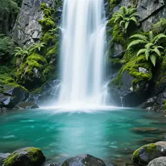 Wan 2.6 T2I — A waterfall cascading into a tropical pool surroun