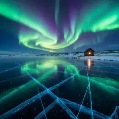 Wan 2.6 T2I — A frozen lake with cracks in the ice, Northern Lig