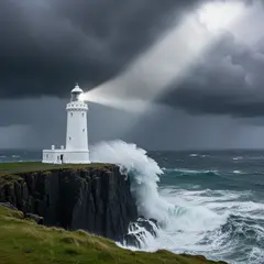 Wan 2.6 T2I — A coastal cliff with crashing waves below, lightho