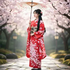 Wan 2.6 T2I — A Japanese woman in a red kimono standing under ch