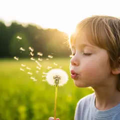 Wan 2.6 T2I — A child blowing dandelion seeds in a sunlit meadow