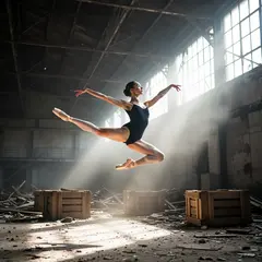 Wan 2.6 T2I — A ballet dancer mid-leap in an abandoned warehouse