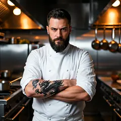 Wan 2.6 T2I — A tattooed chef in a white coat, arms crossed, con