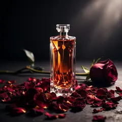 Wan 2.6 T2I — A bottle of amber perfume on a bed of dried roses,