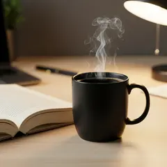 Wan 2.6 T2I — A matte black coffee mug with steam rising, placed