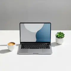 Wan 2.6 T2I — A sleek laptop on a clean white desk with a potted