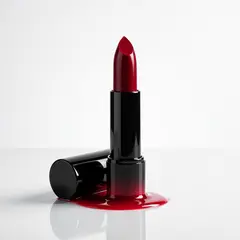 Wan 2.6 T2I — A tube of red lipstick standing upright, melting s