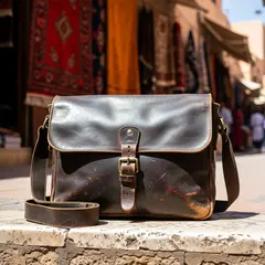 Wan 2.6 T2I — A leather messenger bag on a sun-dappled step in a