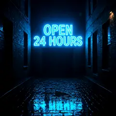 Wan 2.6 T2I — A glowing neon sign reading OPEN 24 HOURS in a dar