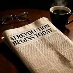 Wan 2.6 T2I — A newspaper headline reading AI REVOLUTION BEGINS 