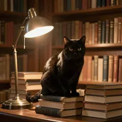 Z-Image Turbo — A black cat sitting on a stack of old books in a c
