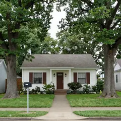 Z-Image Turbo — A small house between two tall trees, with a path 