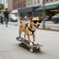 Z-Image Turbo — A dog wearing sunglasses riding a skateboard down 