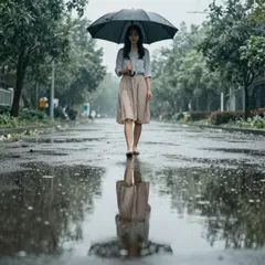 Z-Image Turbo — A woman holding an umbrella in the rain, reflected