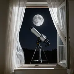 Z-Image Turbo — A telescope pointing at the moon through an open w