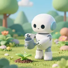 Z-Image Turbo — A 3D render of a cute robot watering plants in a m
