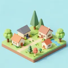 Z-Image Turbo — An isometric low-poly village with tiny houses, tr