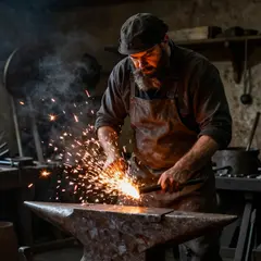 Z-Image Turbo — A bearded blacksmith in a dark workshop, sparks fl