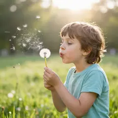 Z-Image Turbo — A child blowing dandelion seeds in a sunlit meadow