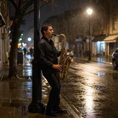 Z-Image Turbo — A street musician playing saxophone under a lamppo