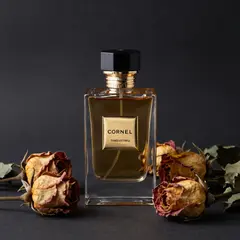 Z-Image Turbo — A bottle of amber perfume on a bed of dried roses,