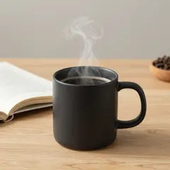 Z-Image Turbo — A matte black coffee mug with steam rising, placed