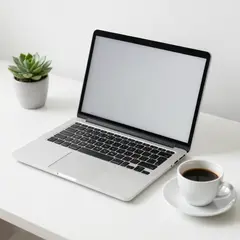 Z-Image Turbo — A sleek laptop on a clean white desk with a potted