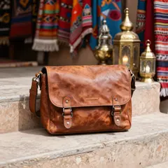 Z-Image Turbo — A leather messenger bag on a sun-dappled step in a