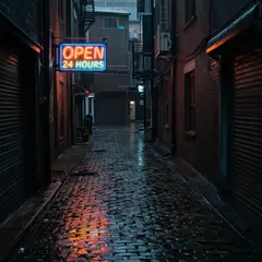 Z-Image Turbo — A glowing neon sign reading OPEN 24 HOURS in a dar